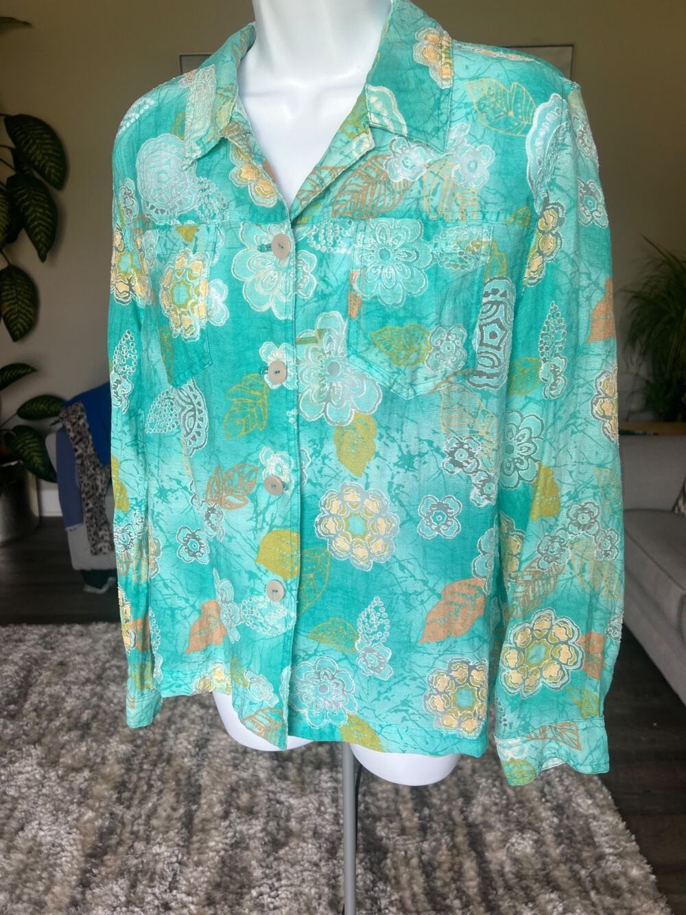 Alfred Dunner Lightweight Floral Teal Blouse Size 14P #728